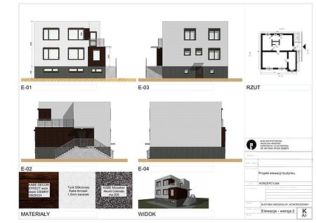 Elewacja budynku z drewnianymi detalami i oknami, tradycyjny design.
