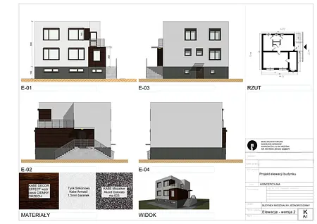 Elewacja budynku z drewnianymi detalami i oknami, tradycyjny design.