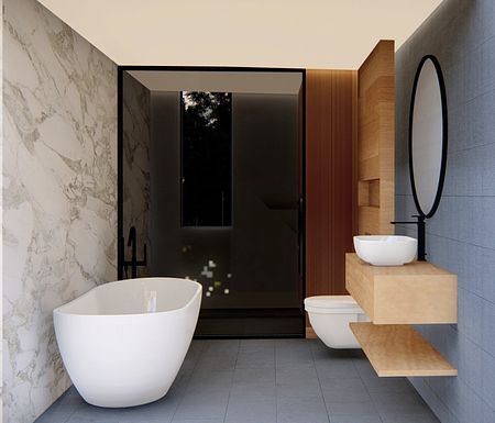 Nowoczesna łazienka z białą wanną, drewnianymi akcentami i minimalistycznym designem.