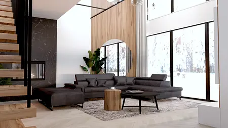 Wnętrze salonu w stylu industrialnym i nowoczesnym z szarym narożnikiem i dużymi oknami.