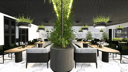 Wnętrze restauracji z zielonymi roślinami i marmurowymi elementami, nowoczesny design.