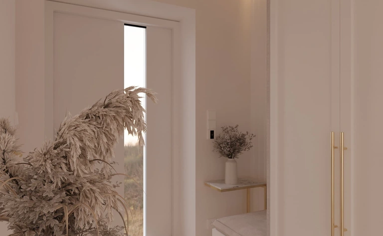 Przedpokój w stylu quiet luxury z białymi meblami i drewnianą podłogą