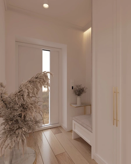 Przedpokój w stylu quiet luxury z białymi meblami i drewnianą podłogą