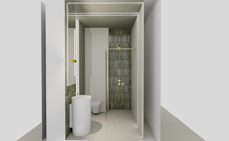Nowoczesna łazienka z białymi meblami i szarymi płytkami, styl boho i minimalizm.