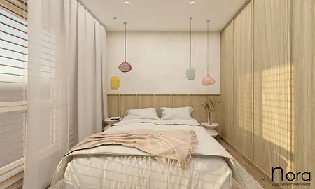 Sypialnia z meblami w stylu art deco, boho, skandynawskim i minimalistycznym.