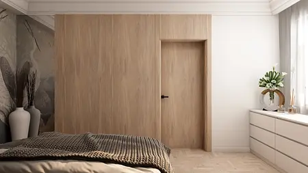 Elegancka łazienka z wanną, złotymi detalami i muralem w stylu art deco.