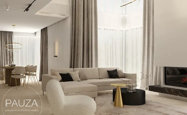 Wnętrze nowoczesnego salonu z minimalistycznym designem, jasne meble, drewniane akcenty.