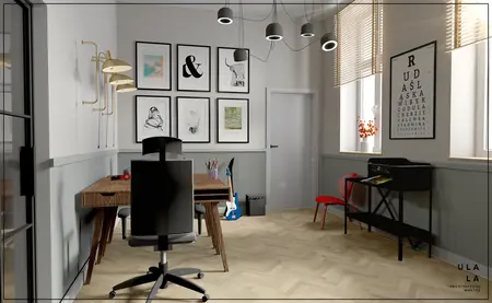 Biuro z drewnianym biurkiem, czarnym krzesłem i galerią obrazów w stylu vintage.