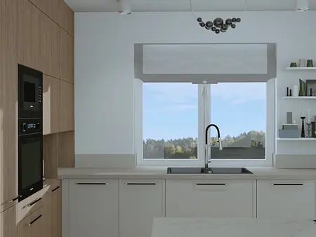 Kuchnia w stylu boho z drewnianymi meblami, minimalistycznym wystrojem i naturalnym światłem.