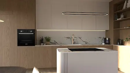 Wnętrze kuchni w stylu japandi i minimalistycznym z drewnianymi szafkami.