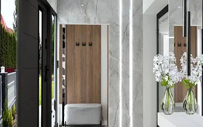 Nowoczesny przedpokój z marmurową podłogą, drewnianymi elementami i dużymi lustrami.