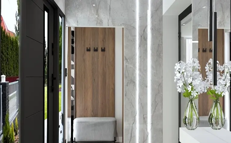 Nowoczesny przedpokój z marmurową podłogą, drewnianymi elementami i dużymi lustrami.