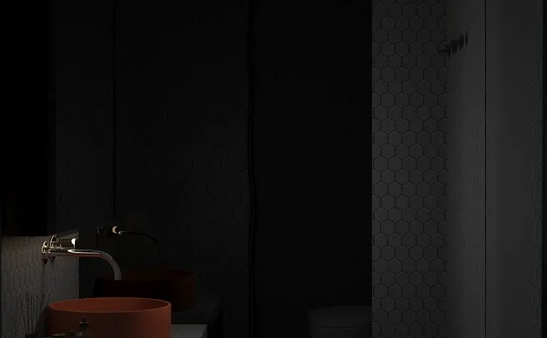 Nowoczesna łazienka z minimalistycznym wykończeniem, czarnymi i białymi akcentami