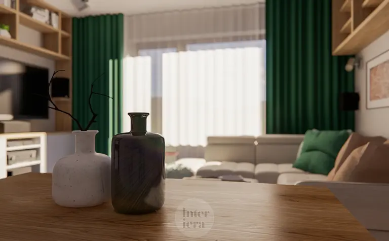 Wnętrze salonu z eklektycznymi akcentami, nowoczesnymi meblami i współczesnymi zasłonami.