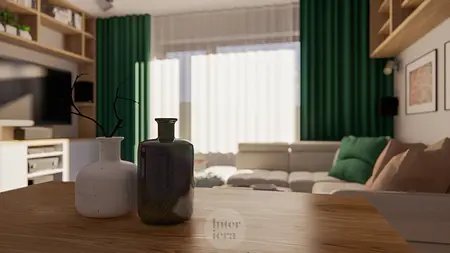 Wnętrze salonu z eklektycznymi akcentami, nowoczesnymi meblami i współczesnymi zasłonami.