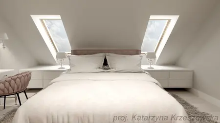 Sypialnia z białym wnętrzem, minimalistycznym stylem i nowoczesnym oświetleniem.