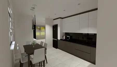 Współczesna kuchnia z białymi meblami, czarnym blatem i stołem.