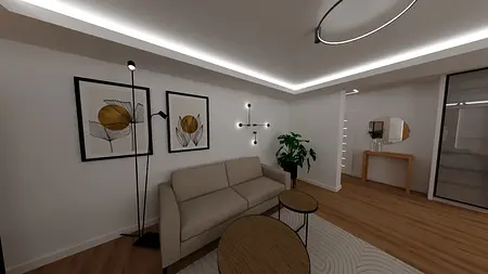 Wnętrze nowoczesnego salonu z beżową sofą, lampą i rośliną.