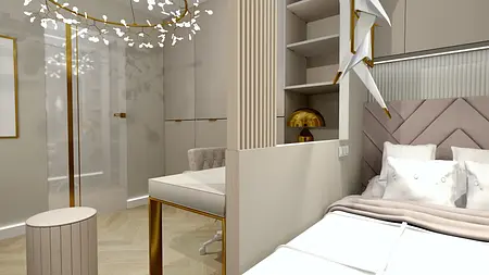 Wnętrze sypialni glamour z beżowymi meblami, złotymi akcentami i nowoczesnym oświetleniem.