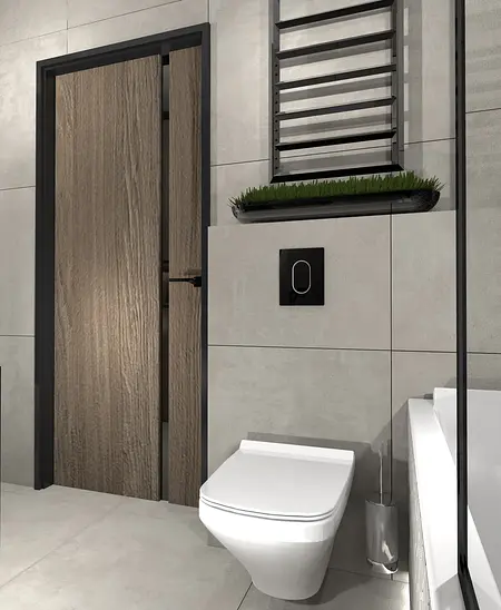 Wnętrze łazienki w stylach industrialnym i skandynawskim z drewnianymi akcentami.