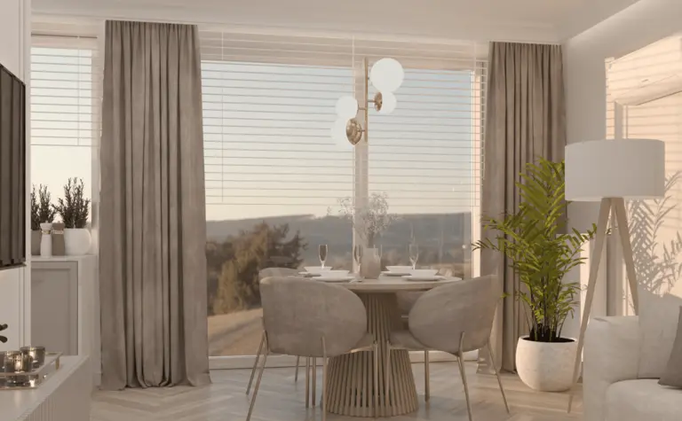 Nowoczesna jadalnia z drewnianym stołem i roślinami w stylu quiet luxury.