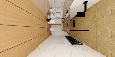 Wnętrze łazienki z drewnianymi elementami, białymi i czarnymi akcentami.