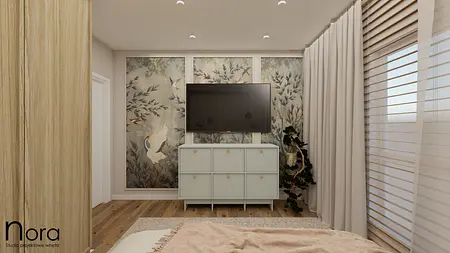 Stylowe wnętrze z telewizorem, komodą i dekoracjami, art deco, boho, skandynawski