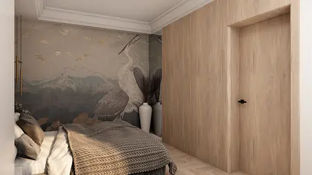 Wnętrze sypialni z drewnianą ścianą, obrazkiem i nowoczesnymi detalami.