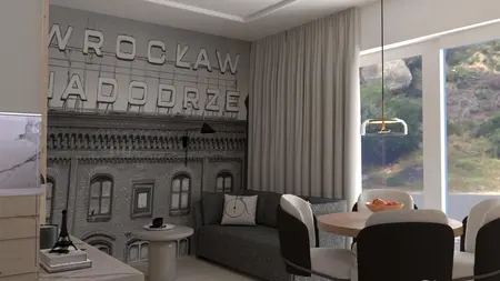 Wnętrze salonu ze szarymi meblami i dużymi oknami w stylu skandynawskim.