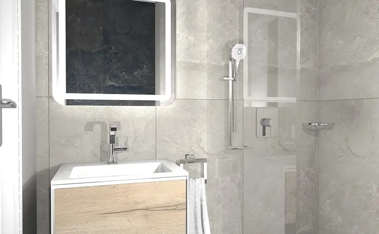 Nowoczesna łazienka z szarymi ścianami, minimalistyczną umywalką i lustrem w stylu dopamine decor.