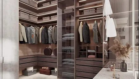 Garderoba minimalistyczna z drewnianymi półkami, lampami LED i eleganckimi ubraniami.