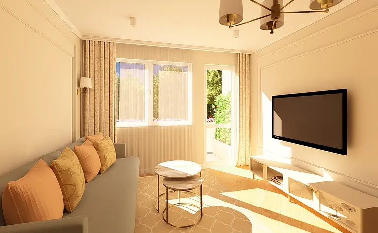 Wnętrze salonu z szarym narożnikiem i beżowymi dodatkami, nowoczesny styl.