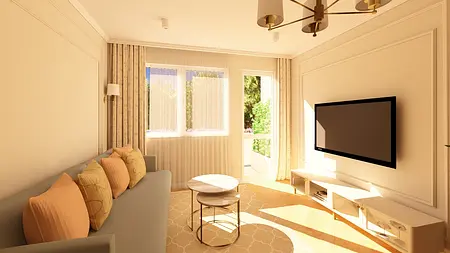 Wnętrze salonu z szarym narożnikiem i beżowymi dodatkami, nowoczesny styl.