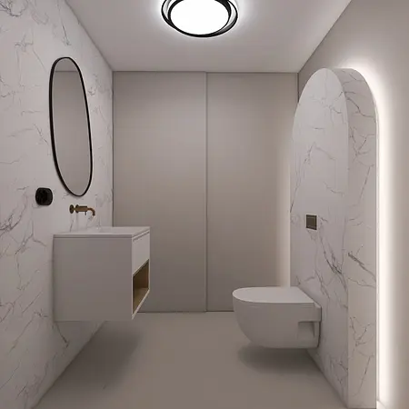 Nowoczesna łazienka z minimalistycznym designem, białą umywalką i marmurową ścianą.