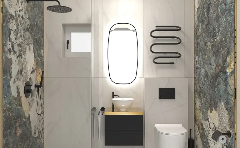 Wnętrze łazienki w stylu dopamine decor, industrialnym i minimalistycznym z nowoczesnymi akcesoriami.