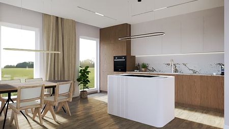Kuchnia w stylu japandi i minimalistycznym z drewnianymi akcentami