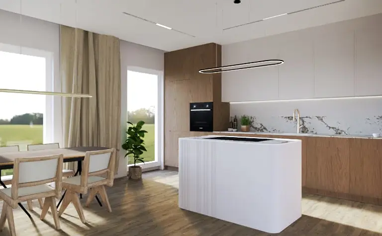 Kuchnia w stylu japandi i minimalistycznym z drewnianymi akcentami
