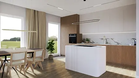 Kuchnia w stylu japandi i minimalistycznym z drewnianymi akcentami