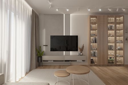 Przytulny salon w stylu skandynawskim z jasnymi meblami i drewnianymi akcentami.