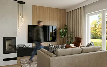 Wnętrze salonu z brązowym fotelem, telewizorem i nowoczesnym oświetleniem