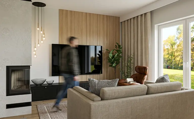 Wnętrze salonu z brązowym fotelem, telewizorem i nowoczesnym oświetleniem