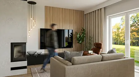 Wnętrze salonu z brązowym fotelem, telewizorem i nowoczesnym oświetleniem