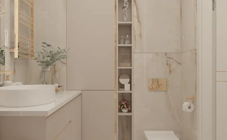 Nowoczesna łazienka z beżowymi meblami i złotymi detalami, styl glamour.