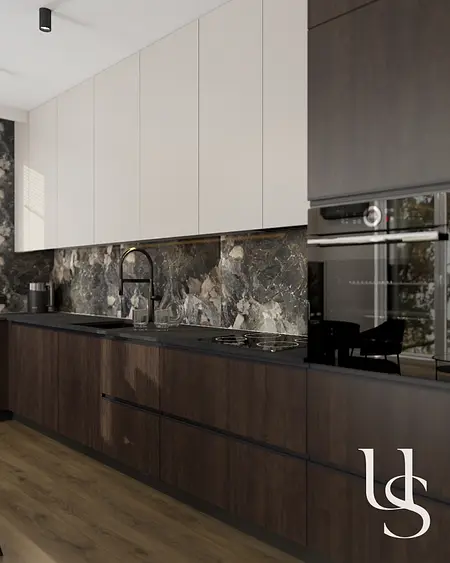 Kuchnia w stylu quiet luxury, współczesna z marmurowym blatem i ciemnymi szafkami.