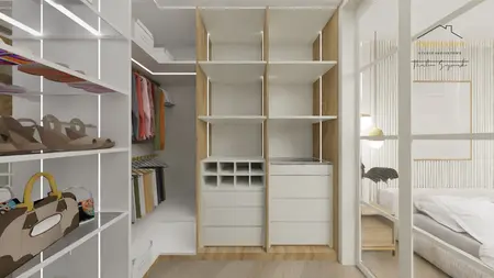 Garderoba w stylu boho, japandi i skandynawskim z białymi półkami i drewnianymi detalami.