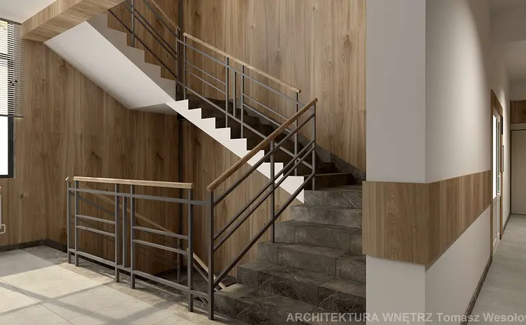Klatka schodowa z drewnianymi panelami i metalowymi balustradami, współczesny design.