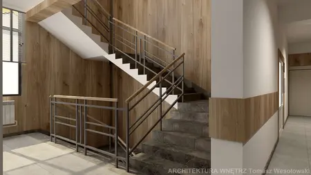 Klatka schodowa z drewnianymi panelami i metalowymi balustradami, współczesny design.