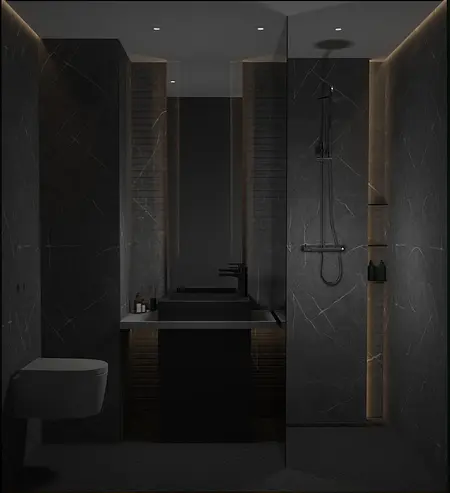 Minimalistyczna łazienka z czarnym umywalką i szarymi płytkami