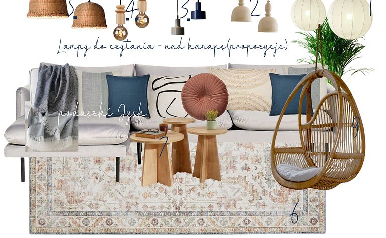 Kącik wypoczynkowy w stylu boho, prowansalskim i rustykalnym z poduszkami i lampami.