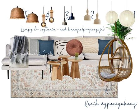 Kącik wypoczynkowy w stylu boho, prowansalskim i rustykalnym z poduszkami i lampami.